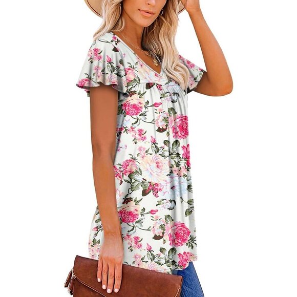 Womens Ruffle Sleeve Tunic Top V Neck Loose Fit Summer Shirt 95% Rayon - Picture 3 of 4